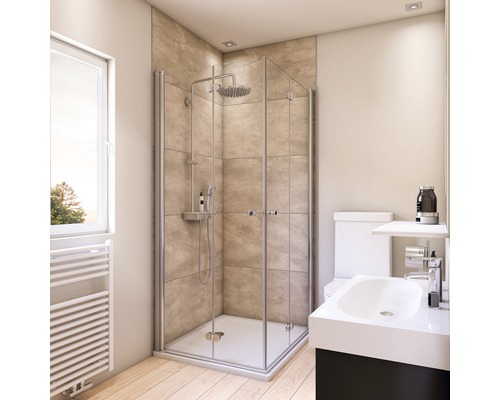 BREUER Doucheachterwand Decodesign beige 255x150 cm Moderne badkamer met douche, wastafel en radiator