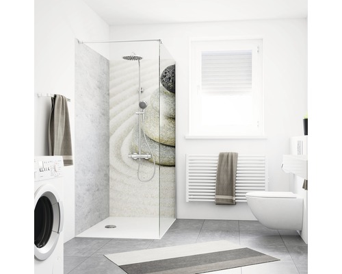 BREUER Doucheachterwand DecoMotion grijs-blauw 210x90 cm Lichte badkamer met douche, wasmachine en toilet