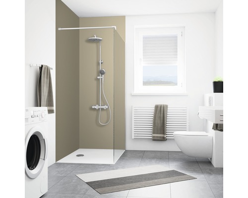 BREUER Doucheachterwand DecoMotion bruin 210x90 cm Lichte badkamer met douche, wasmachine, toilet, radiator en raam