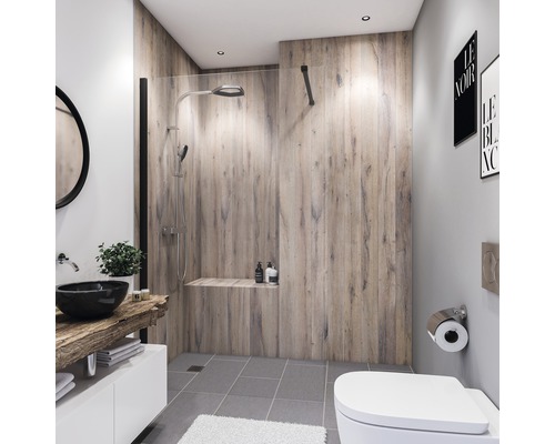 BREUER Doucheachterwand Decodesign crème 210x100 cm Badkamer met douche, wastafel, toilet en houten bekleding