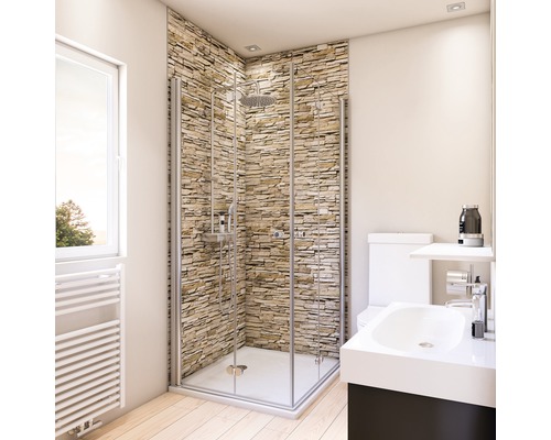 BREUER Doucheachterwand DecoMotion beige 255x100 cm Lichte badkamer met douchecabine, wastafel en radiator