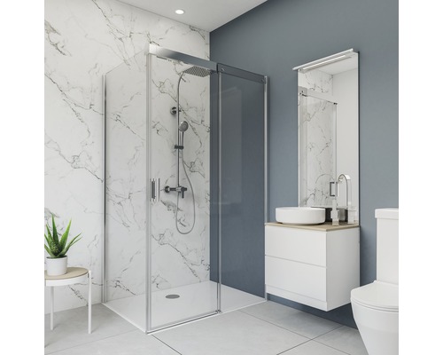 BREUER Doucheachterwand DecoMotion zwart-wit 210x100 cm Moderne badkamer met douchecabine, wastafel en spiegel