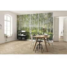 Lichte woonkamer met fotobehang van een berkenbos, eettafel en houten vloer