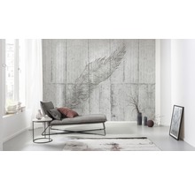 Woonkamer met grijze betonnen muur en veer muurschildering, ligstoel en decoratie