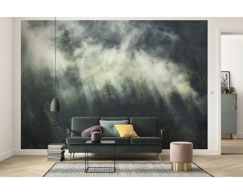 Woonkamer met fotobehang berg bos in de mist, bank, salontafel en decoratie