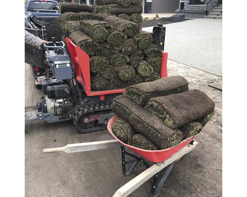 Grasrollen op een transportvoertuig en een kruiwagen