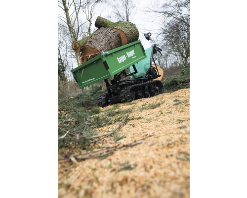Rupsdumper met boomstam in de tuin
