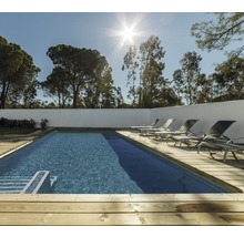 Buitenzwembad met houten terras en ligstoelen voor bomen