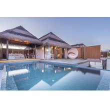 Uitzicht op een bungalow met rieten dak en zwembad