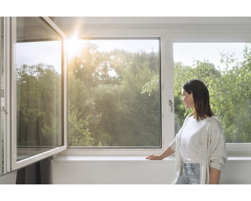 Geopend raam in een heldere kamer met uitzicht op een boomrijk landschap
