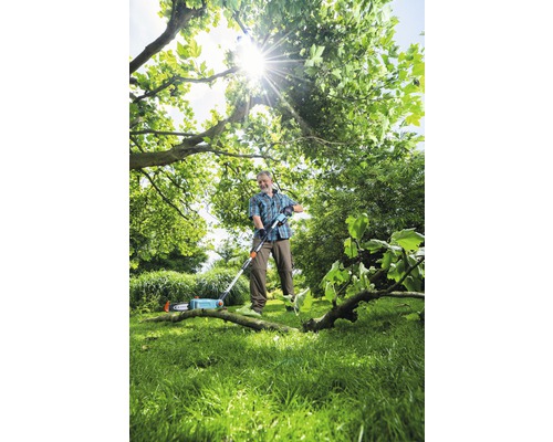 Man snoeit takken met een hoogtetakkenzaag in een tuin.
