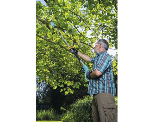 Man snoeit boomtakken met een accukettingzaag op een steel