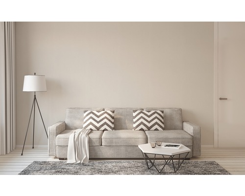 Lichte woonkamer met bank, kussens, vloerkleed en staande lamp