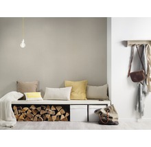Woonkamer met zitbank, kussens, houtblokken, opbergdozen, kapstok en accessoires.