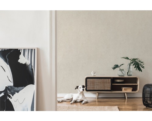 Lichte kamer met patroonbehang, een dressoir, kamerplanten en een hond