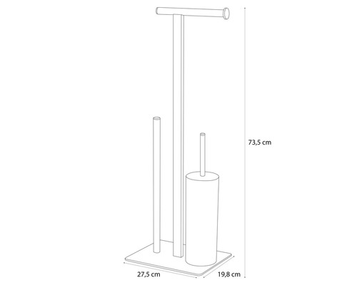 Schets van een toiletpapierhouder met borstel en houder, afmetingen 73,5 x 27,5 x 19,8 cm