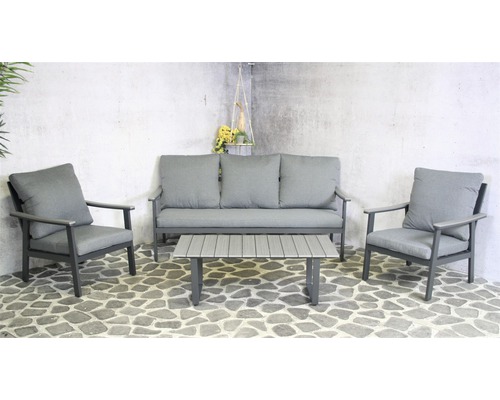 Grijze tuinmeubelset met bank, twee stoelen en tafel