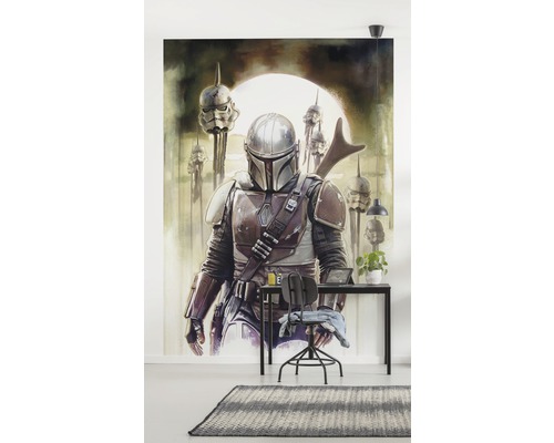 Kamer met een fotobehang met krijgermotief, een bureau en een stoel.