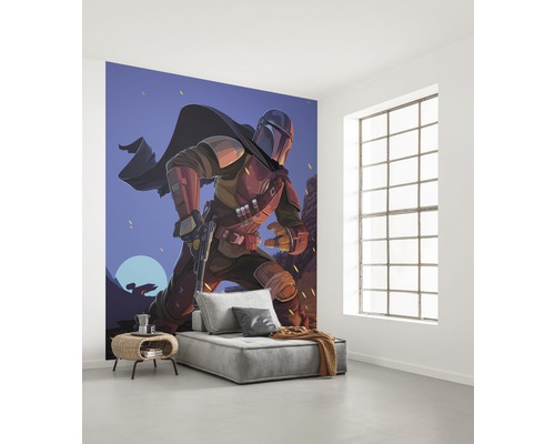 Wandafbeelding met Mandalorian motief in een modern ingerichte kamer