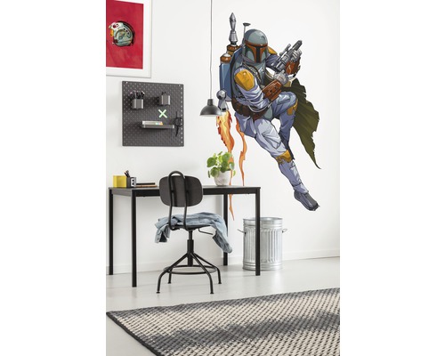 Gedecoreerde werkkamer met muursticker, bureau en stoel.