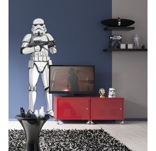 Moderne woonkamer met Star Wars decoraties: Stormtrooper muursticker, rode tv-kast en zwart tapijt