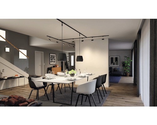 Lichte eetkamer met eettafel, stoelen en railspots.