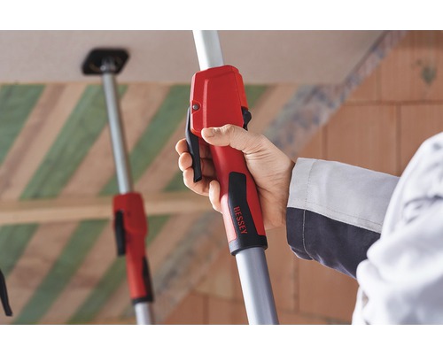 Bessey logo met hand die een telescopische steun voor plafondmontage bedient