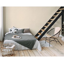 Slaapkamer met bed, ladder en rotan stoel op houten vloer