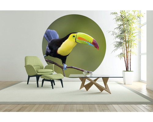 Woonkamer met fauteuil, salontafel, kamerplant en muursticker met toekanmotief