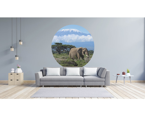 Woonkamer met muursticker van een olifant voor de Kilimanjaro