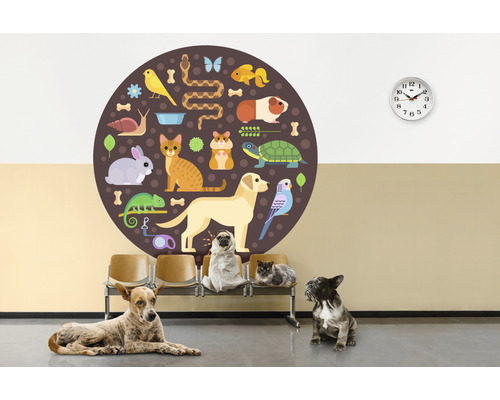 Wanddecoratie met diermotieven en wachtende huisdieren in een dierenartsenpraktijk