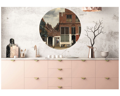 Wanddecoratie met historisch stadsgezicht in een moderne keuken