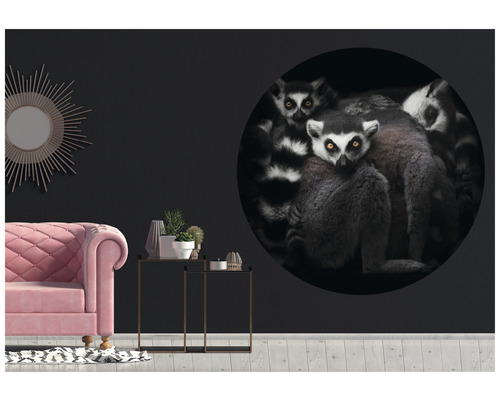 Woonkamer met roze bank, bijzettafels en een muur met een grote, ronde muursticker met lemuren