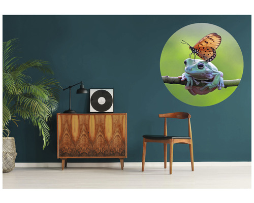 Muursticker met kikker en vlinder in woonkamer.
