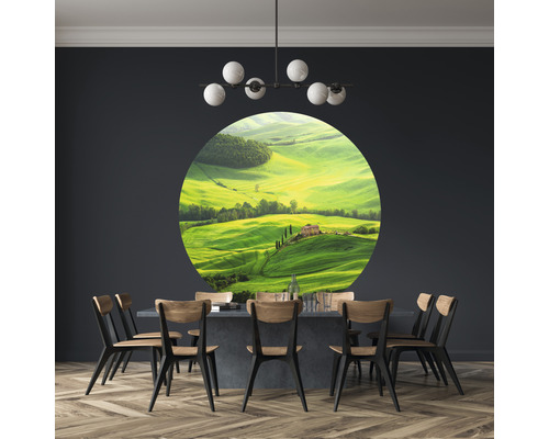 Eetkamer met eettafel, stoelen en een muurschildering met een landschap.