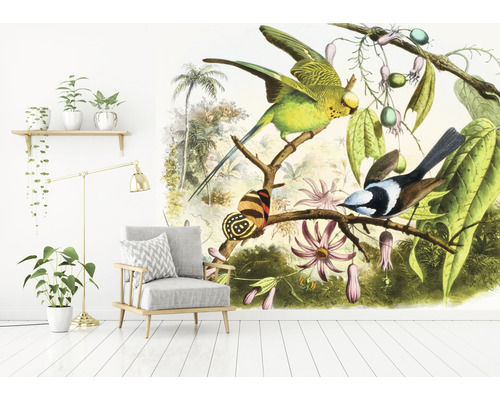 Woonkamer met foto van behang met papegaaien en vogels