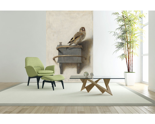 Woonkamer met fauteuil, voetenbank, salontafel, kamerplant en muurschildering