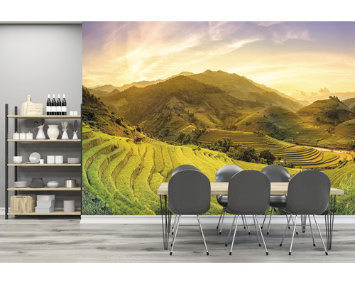 Eetkamer met muurschildering van rijstterrassen, rek en eettafel met stoelen