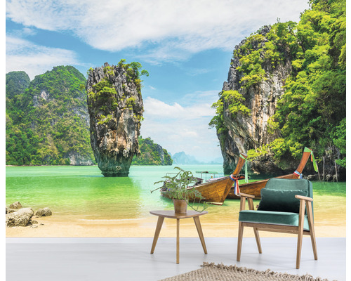 Fotobehang met Thais eilandlandschap en houten vissersboten