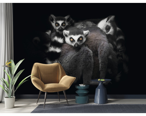 Woonkamer met fotobehang waarop een groep lemuren staat