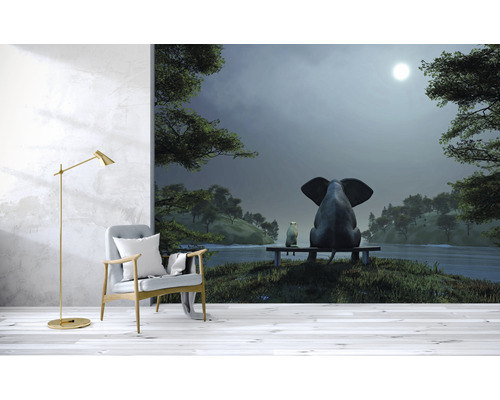 Scène met een fotobehang dat een avondlandschap toont met een olifant en een beer op een bank.