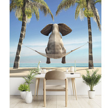Vliesbehang met een olifant in een hangmat tussen twee palmbomen op het strand