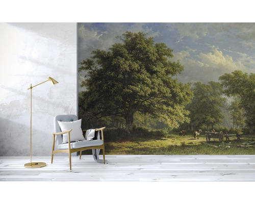 Muurdecoratie met boslandschap, boom, lucht en mensen