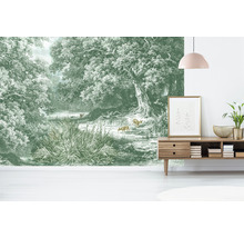 Woonkamer met fotobehang dat een bos met herten voorstelt
