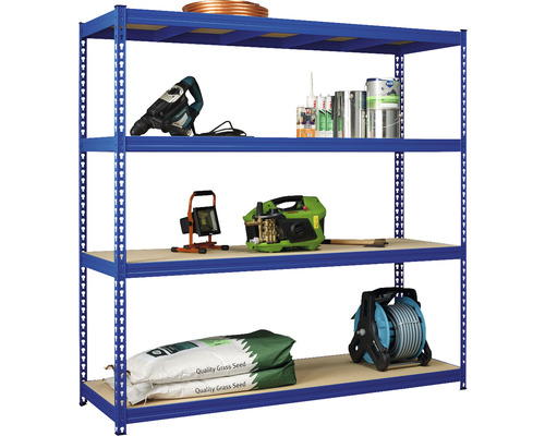 Blauw magazijnrek met gereedschap en tuinaccessoires