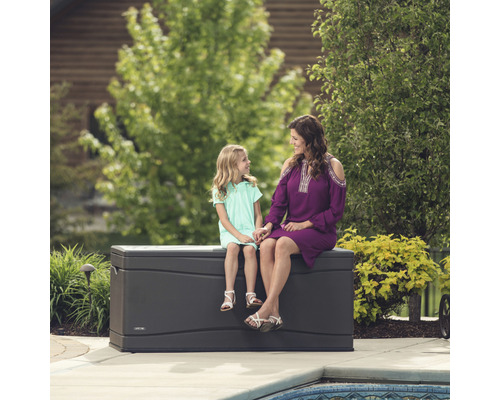 Moeder en dochter zitten op een grijze kunststof tuinkist in de tuin.