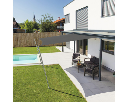 WINDHAGER Schaduwdoek Cannes vierkant antraciet 3x3 m Terras met schaduwdoek, tuinmeubelen en zwembad in de tuin