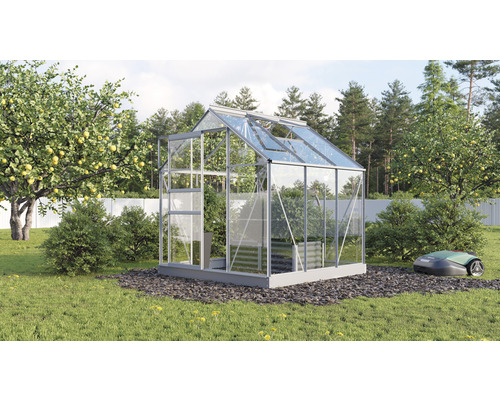 VITAVIA Tuinkas Planet 3800 veiligheidsglas 3 mm alublank, 195x195x207 cm Tuinkas in de tuin met robotmaaier