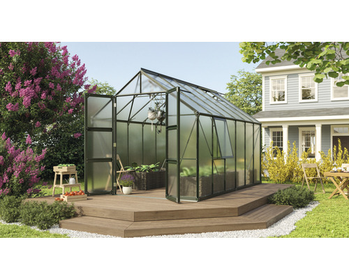 VITAVIA Tuinkas Olymp 9900 veilgiheidsglas 4 mm smaragd, 257x386x254 cm Kas met open deuren op een houten terras in een tuin