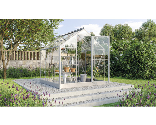 VITAVIA Tuinkas Triton 3800 veiligheidsglas 3 mm zilver, 198x193x207 cm Kas in de tuin met planken en tuingereedschap